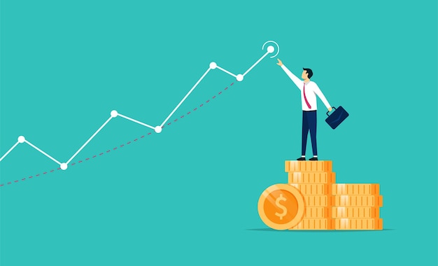 Businessman standing on piles of money coins with graph chart vector illustration