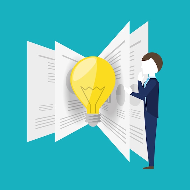 businessman with financial document and bulb icon over blue background, colorful design. vector illu