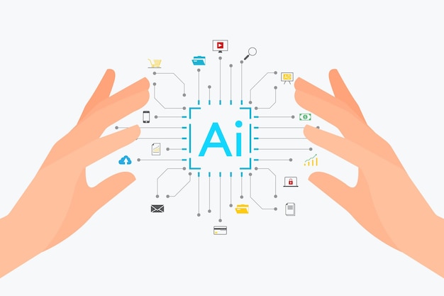 Businessmans hand touch or show on virtual AI brain or computer chip by AI technology concept
