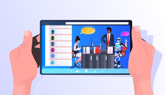 businesspeople discussing with robot during meeting on tablet screen chat bubble communication artificial intelligence