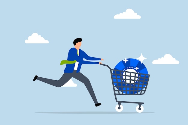 Buy blue chip stock with high expected return Entrepreneur investor purchasing toptier stocks in shopping cart