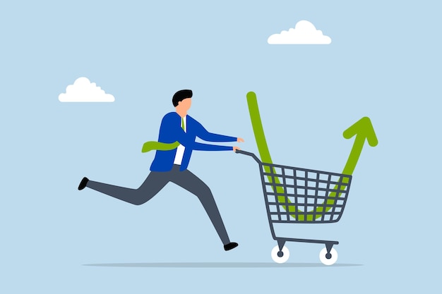 Buy on the dip Intelligent entrepreneur investor purchases stocks with a downward trending graph in a shopping cart