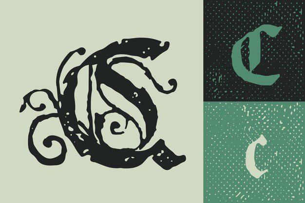 C-bokstav initiallogo Illuminert initial og blackletter store og små bokstaver