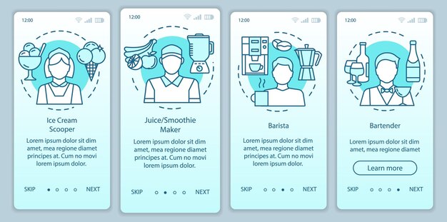 cafe &amp; fast food industry part-time job turquoise onboarding mobile app page screen vector template. walkthrough website steps with linear illustrations. ux, ui, gui smartphone interface concept