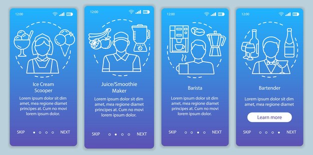 cafe fast food industry parttime job blue onboarding mobile app page screen vector template