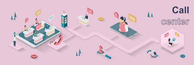 Call center concept 3d isometric web banner People work in technical support office advise customers