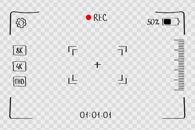 Camera Viewfinder Screen Interface with REC Icon Zoom Level Battery Status and Resolution Options