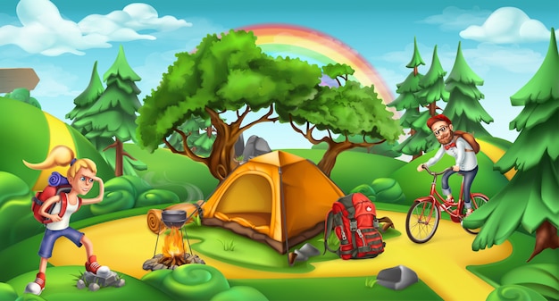 Camping and adventure time. Nature landscape 3d anorama