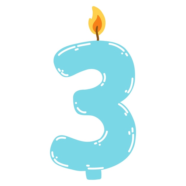 Candle number three in flat style Hand drawn vector illustration of 3 symbol burning candle design element for birthday cakes