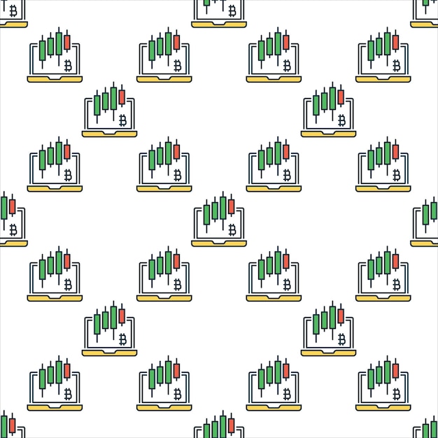Candlestick charts on Laptop Screen vector colored seamless pattern