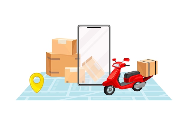 Cardboard Boxes and Scooter with Navigation App on Smartphone Screen Vector Illustration