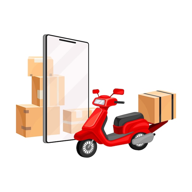 Cardboard Boxes and Scooter with Smartphone Screen as Navigation Attribute Vector Illustration