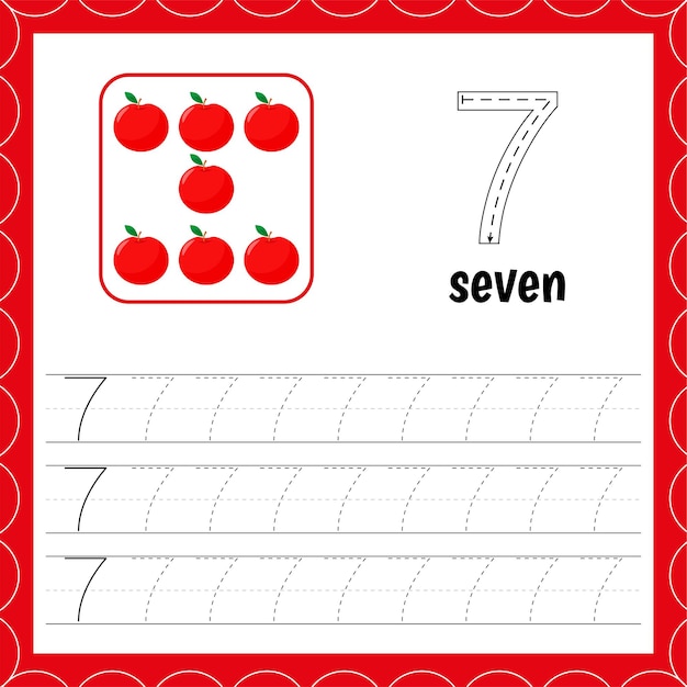 cards with numbers for children trace for kids learning to count and to write number seven apple