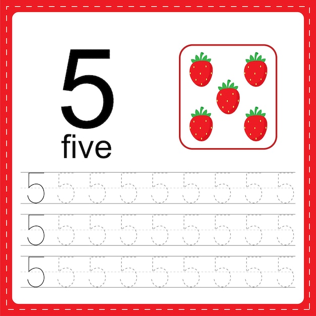 cards with numbers for children. trace the line. for kids learning to count and to write. number 5