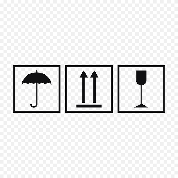 Cargo marking on a cardboard box Parcel warning signs packaging symbol careful handling Vector i