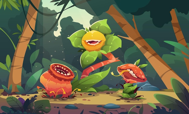 carnivorous plant background cartoon jungle flora with scary jaws and teeth botanical flower with mouth and teeth for magazine cover design vector illustration of cartoon jungle tropical