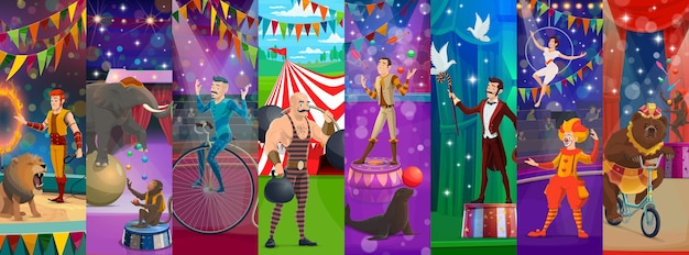 Cartoon circus performer characters and animals