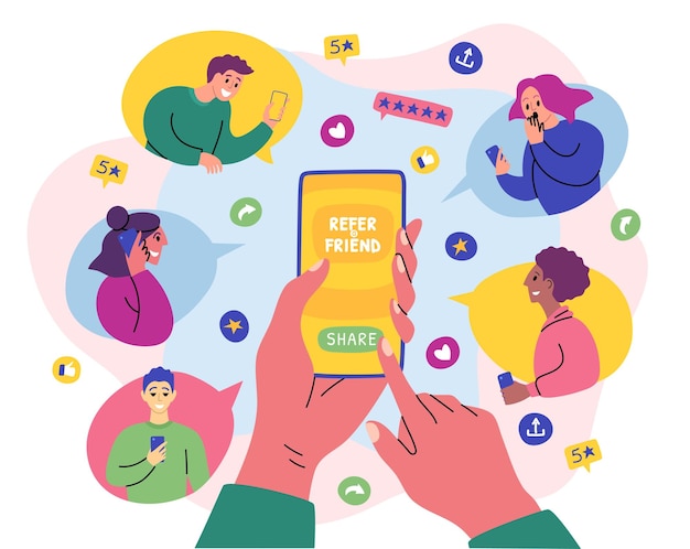 Cartoon Color Characters People and Refer a Friend Concept Vector