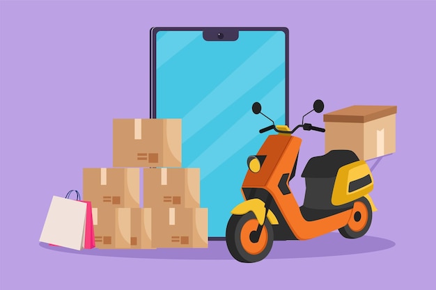 Cartoon flat style drawing giant smartphone or cell phone in front of courier scooter with cardboard and pile of package boxes Online delivery service concept Graphic draw design vector illustration