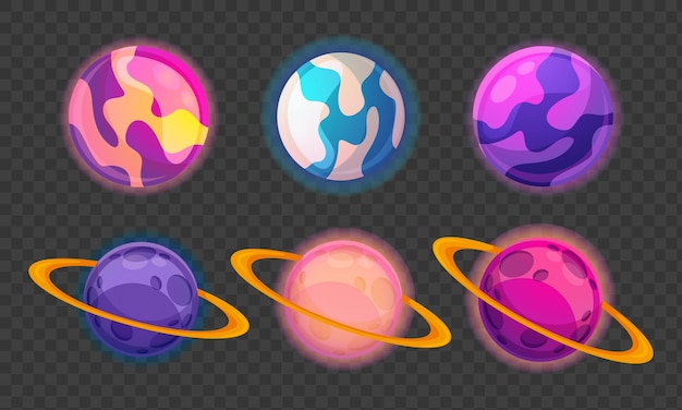 Cartoon galaxy background with colorful planets collection