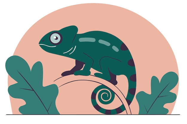 Cartoon green chameleon in flat style in wild nature jungles vector illustration
