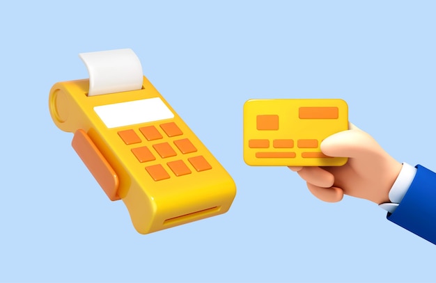 Cartoon hand holding credit card and payment terminal isolated on blue background POS terminal with check Financial transactions concept Vector 3d illustration