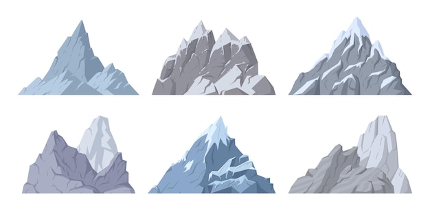 Cartoon mountain peaks Rocky ranges and snowy peaks wild nature landscape mountains flat vector illustration set Outdoor hiking icy mountain peaks
