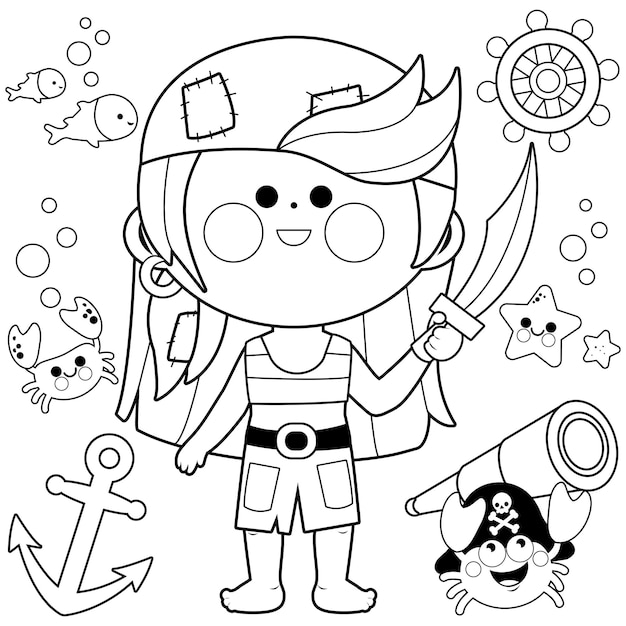 cartoon pirate girl with a sword and sea animals fish and crab with pirate hat and telescope