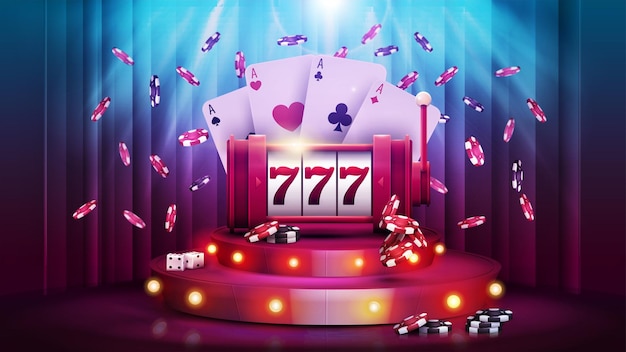 Cartoon podium with Casino slot machine poker chips and playing cards on background with curtain and spotlight Casino poster for your arts
