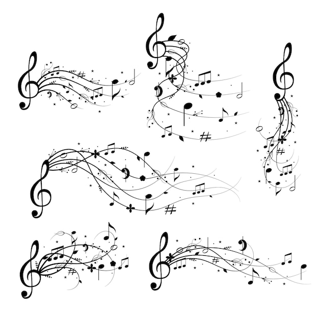 Cartoon Silhouette Black Decoration Elements Musical Set Include of Note Key Curve and Tone Flat Design Style Vector illustration