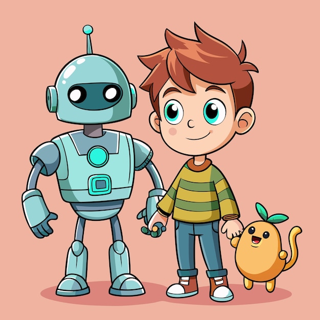 cartoon vector of boy with robotic pal