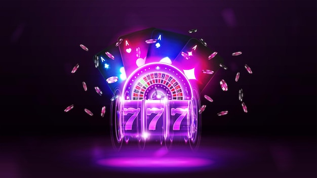 Casino poster with purple neon casino roulette neon slot machine neon playing cards and poker chips on dark background