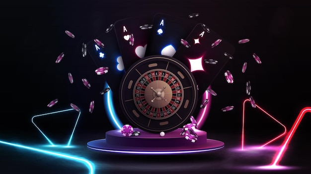 Casino Roulette wheel with black playing cards with glowing neon lights on purple podium with neon ring in scene with line neon colors triangles around