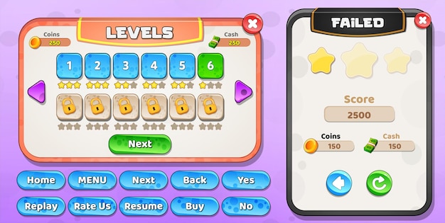 Casual Cartoon Kids Game UI Level Selection and Level Failed menu pop up with stars and Buttons
