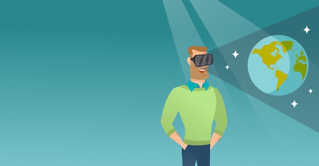 Caucasian man in vr headset getting in open space