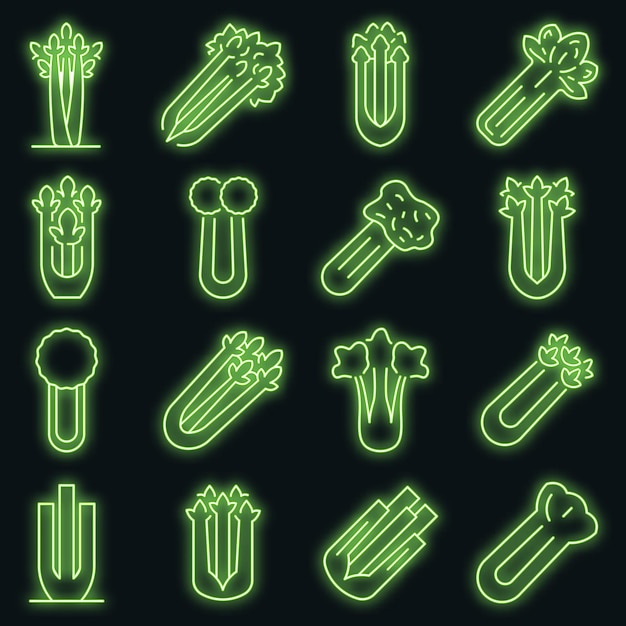 Celery icons set. Outline set of celery vector icons neon color on black