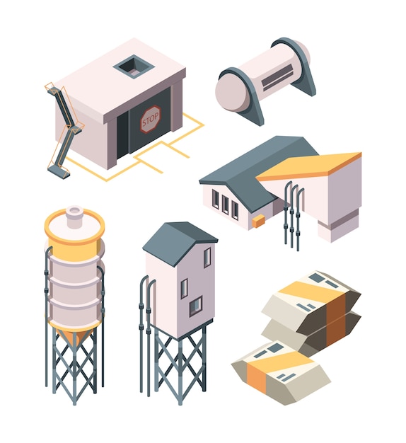 Cement production. Heavy industry concrete transport mixer and tanks  isometric collection