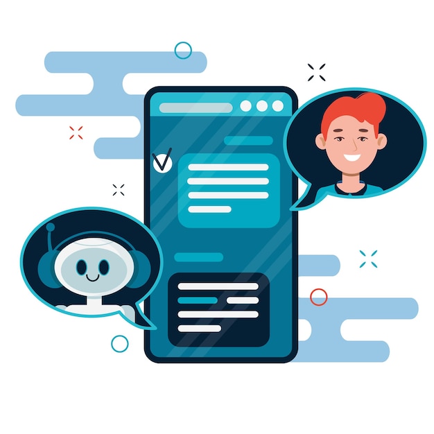 chatbot concept. users chatting with cute robot chat bot on smartphone.