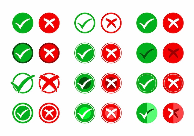 Check mark and x mark icon. Check mark cross circle icon Set red green check mark set vector