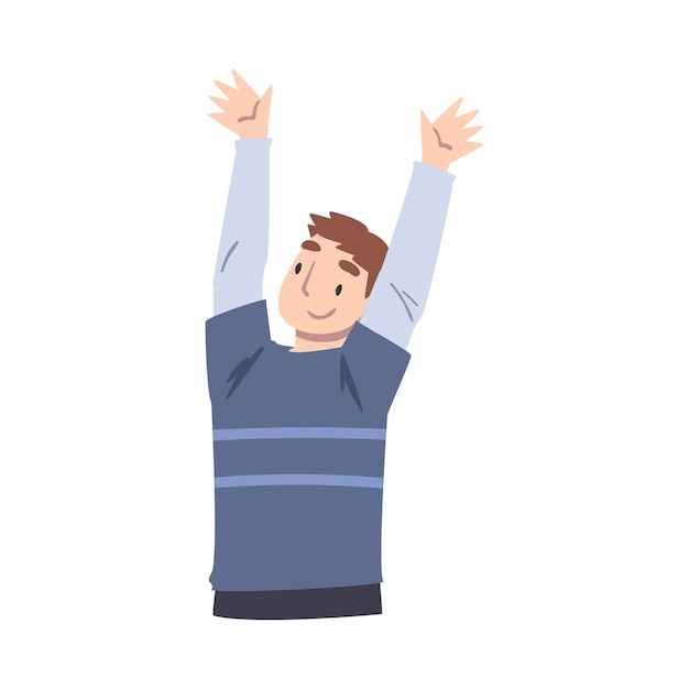 Cheerful Boy Raising his Hands Happy Male Person Having Fun or Celebrating Success Cartoon Vector Illustration