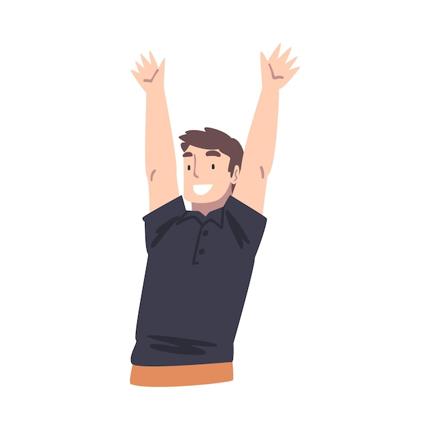 Cheerful Boy Raising his Hands Happy Man Celebrating Success Cartoon Vector Illustration