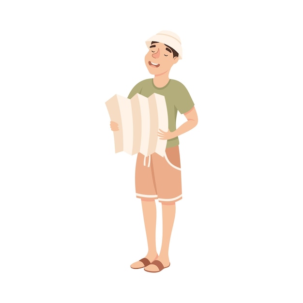 Cheerful Young Man with Map Looking for Route Tourist Guy with Camera Travelling on Summer Vacation Cartoon Vector Illustration