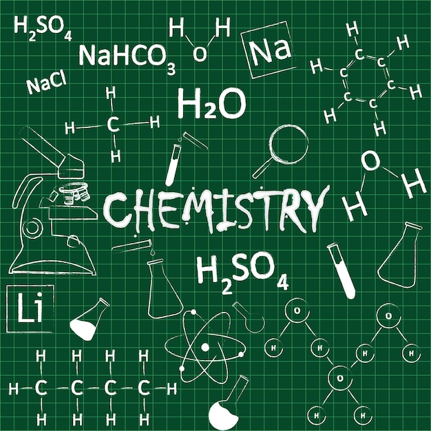 chemistry background containing vector chemical bonding structure flasks and microscope