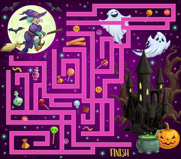 child find path halloween maze with monsters and candy. children vector labyrinth game, kids search way activity with cartoon halloween jack o lantern, scary castle and lollypop, witch flying on broom