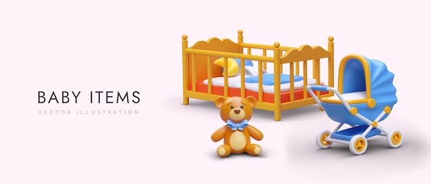 Children items Horizontal advertising banner for store Realistic teddy bear cot blue stroller