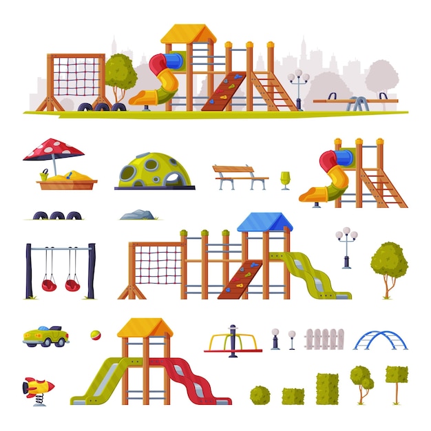 children playground elements with slide swings and ladders vector set