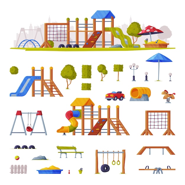 children playground elements with slide swings and ladders vector set
