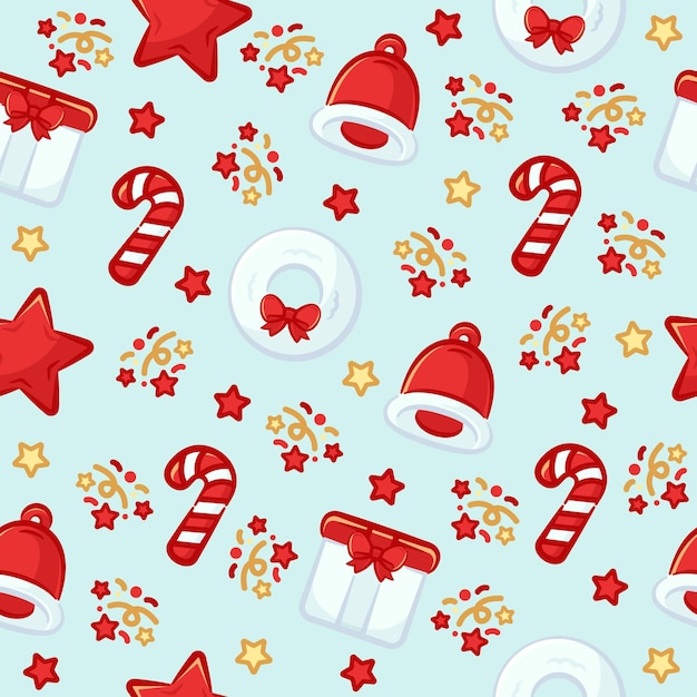 christmas elements seamless pattern with cute cartoon design style in blue sky background