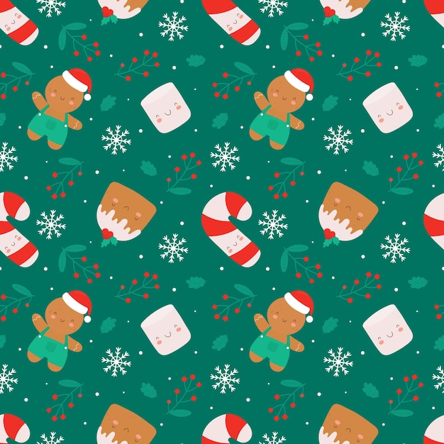 Christmas seamless pattern with cute characters. Christmas cupcake, ginger man, marshmallow and candy cane. Vector seamless background in flat cartoon style.