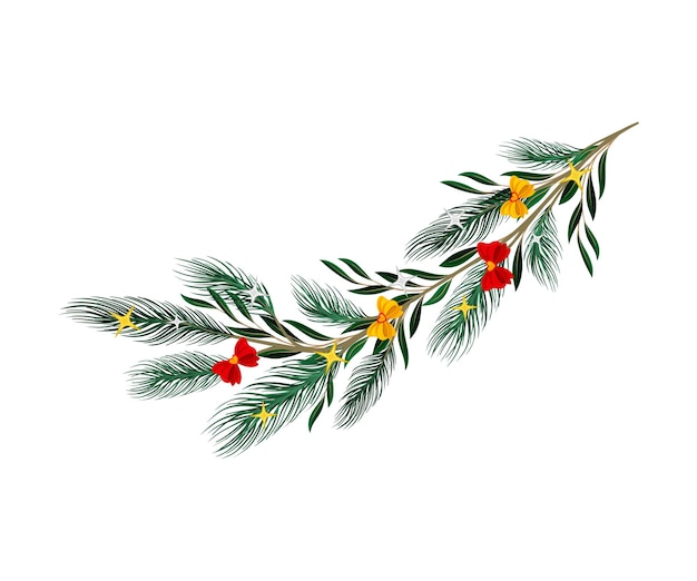 christmas tree branch with colorful decorative elements vector illustration traditional winter twig decorated with bows and stars